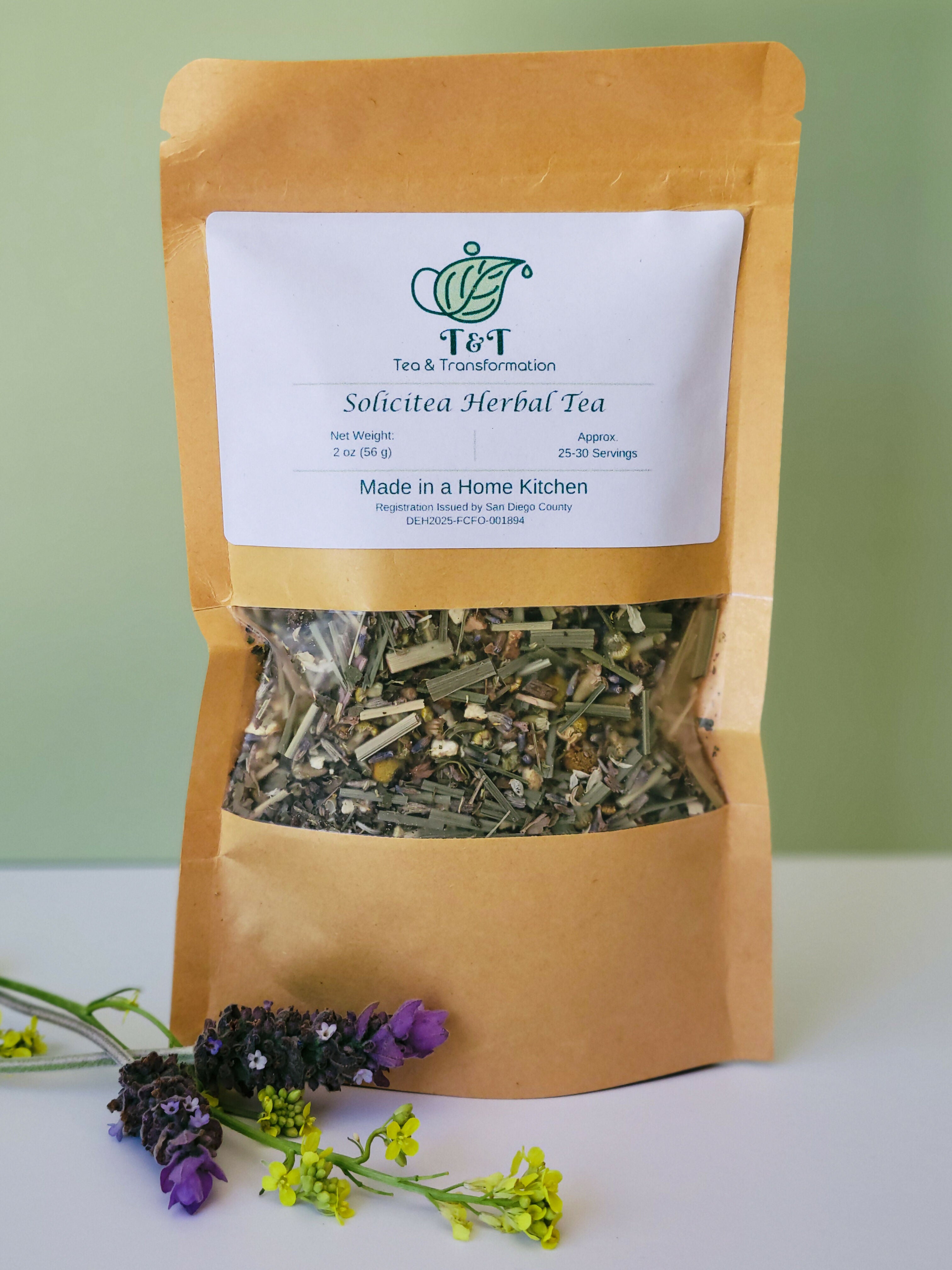 Solicitea Herbal Tea in a 2oz bag with a green & white background