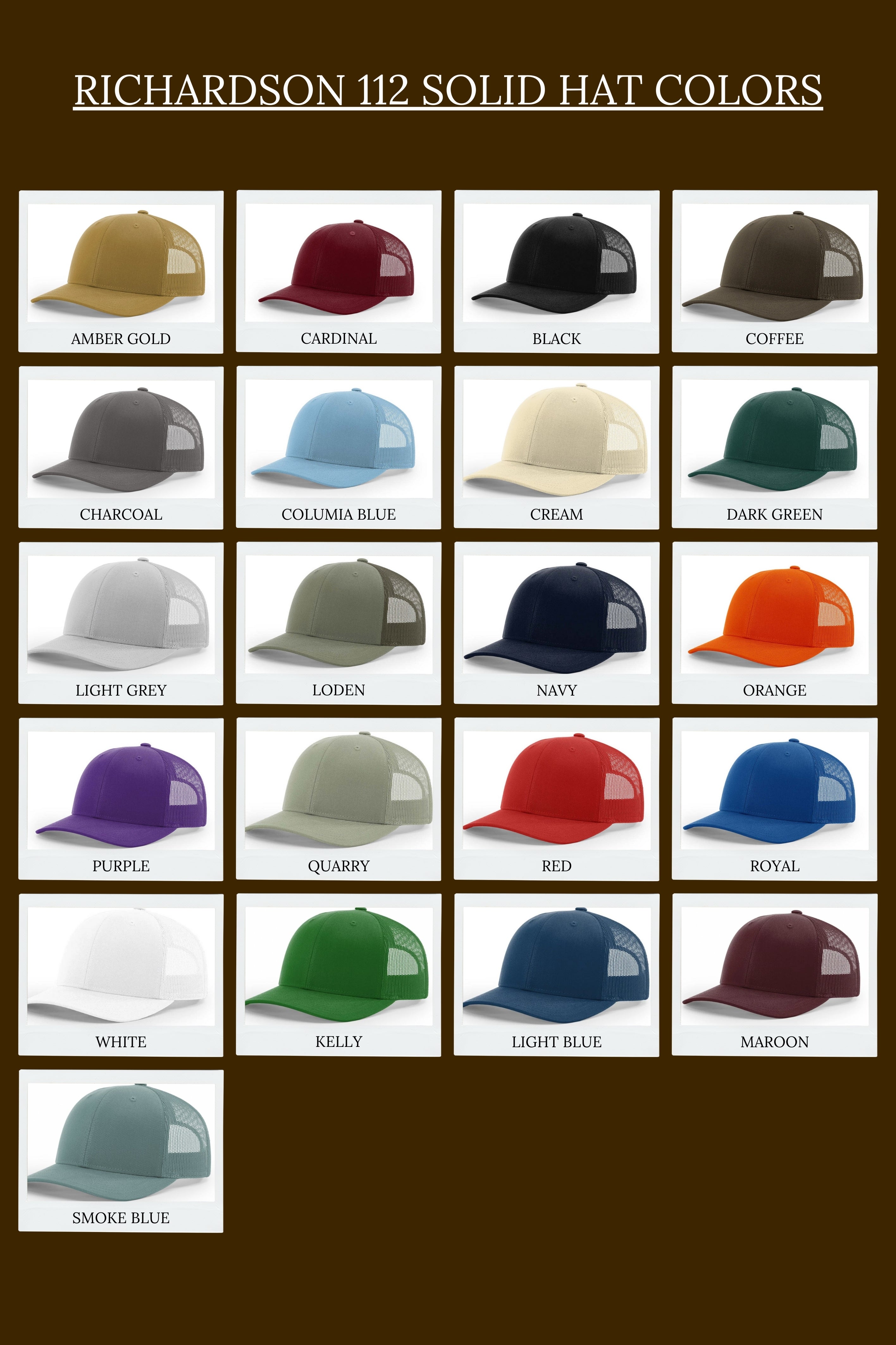 Collection of Richardson 112 solid hats in various colors on a brown background