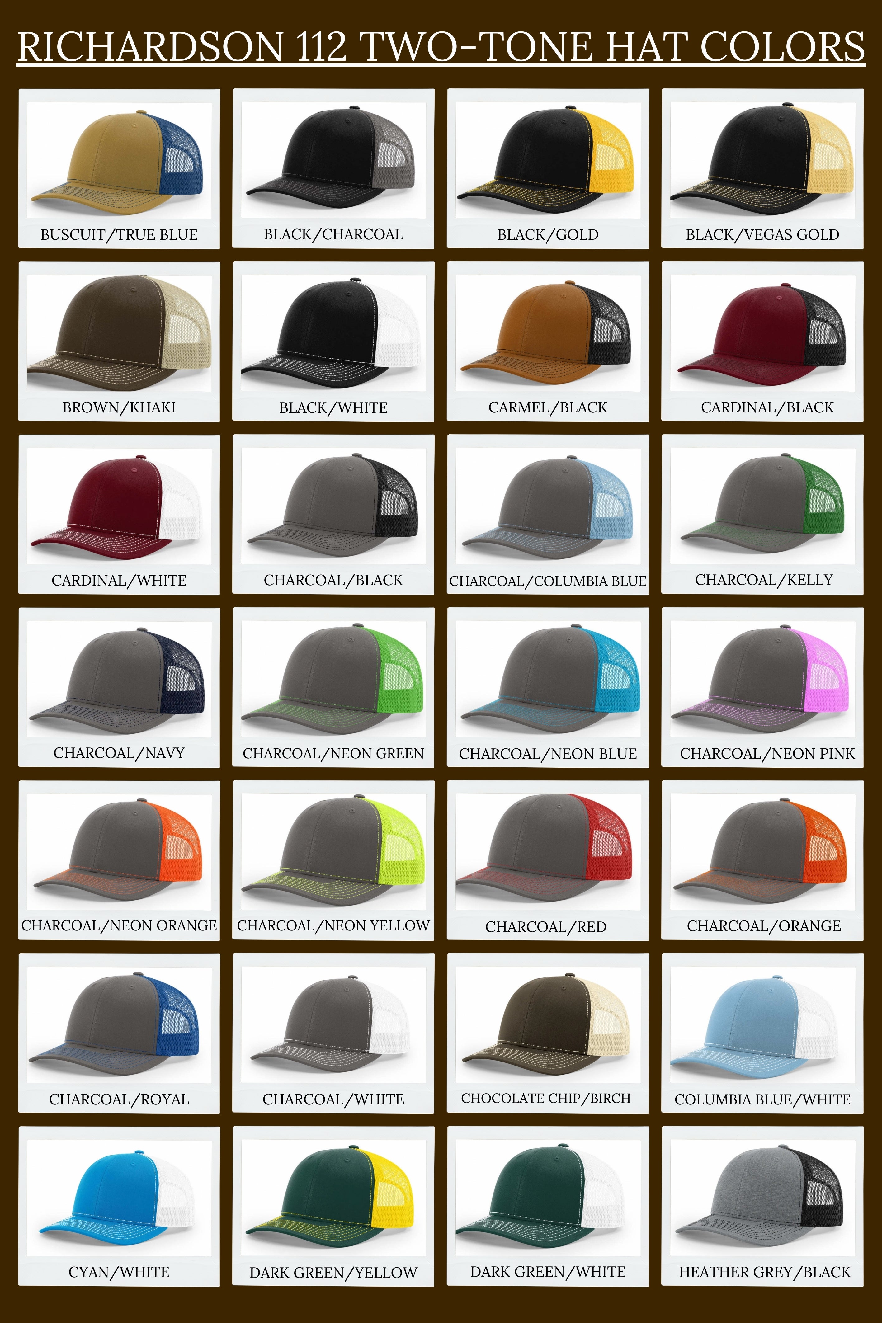 Grid of Richardson 112 two-tone hats in various colors on a brown background