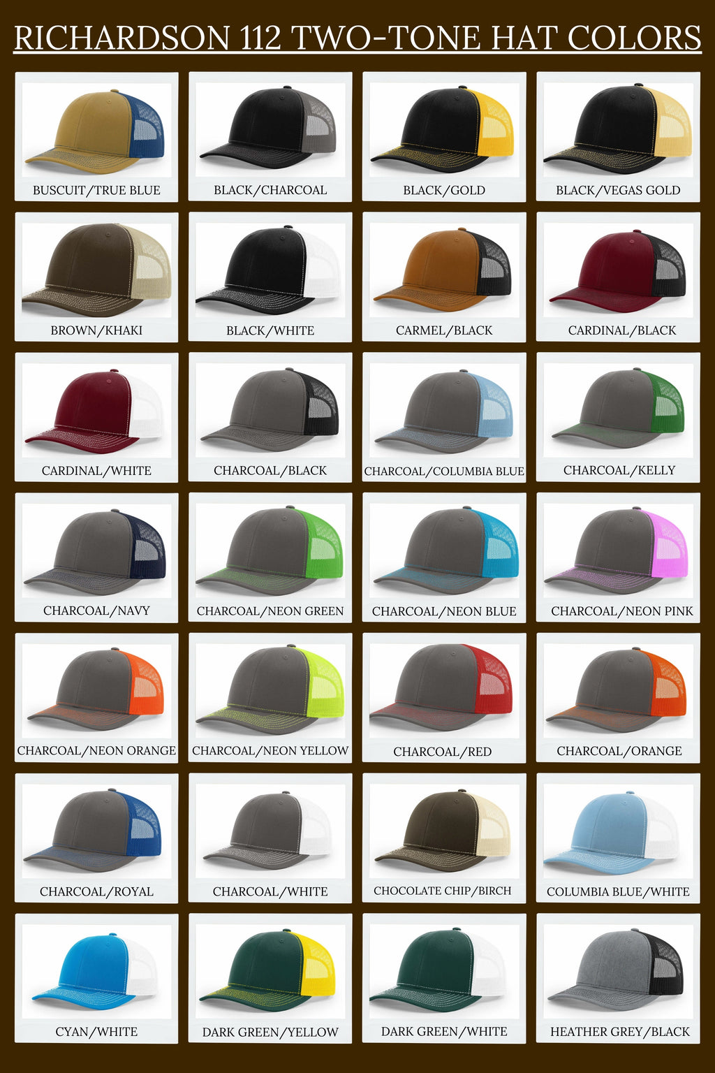 Grid of Richardson 112 two-tone hats in various colors on a brown background