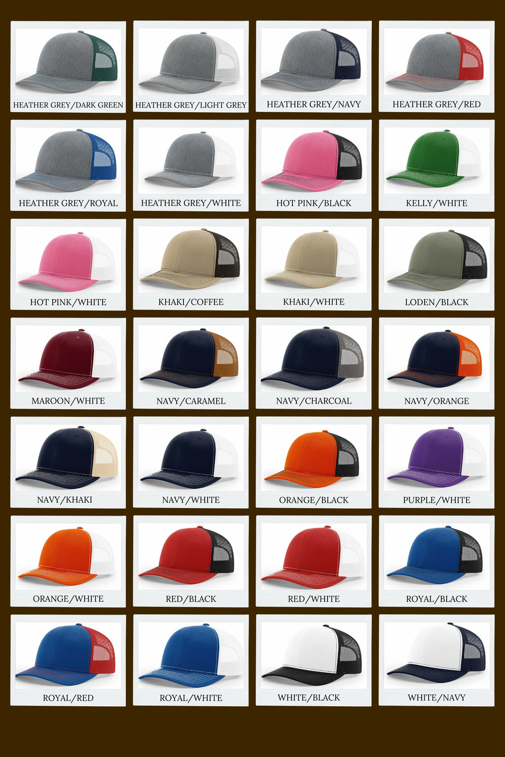 Grid of various colored caps with different color combinations on a brown background