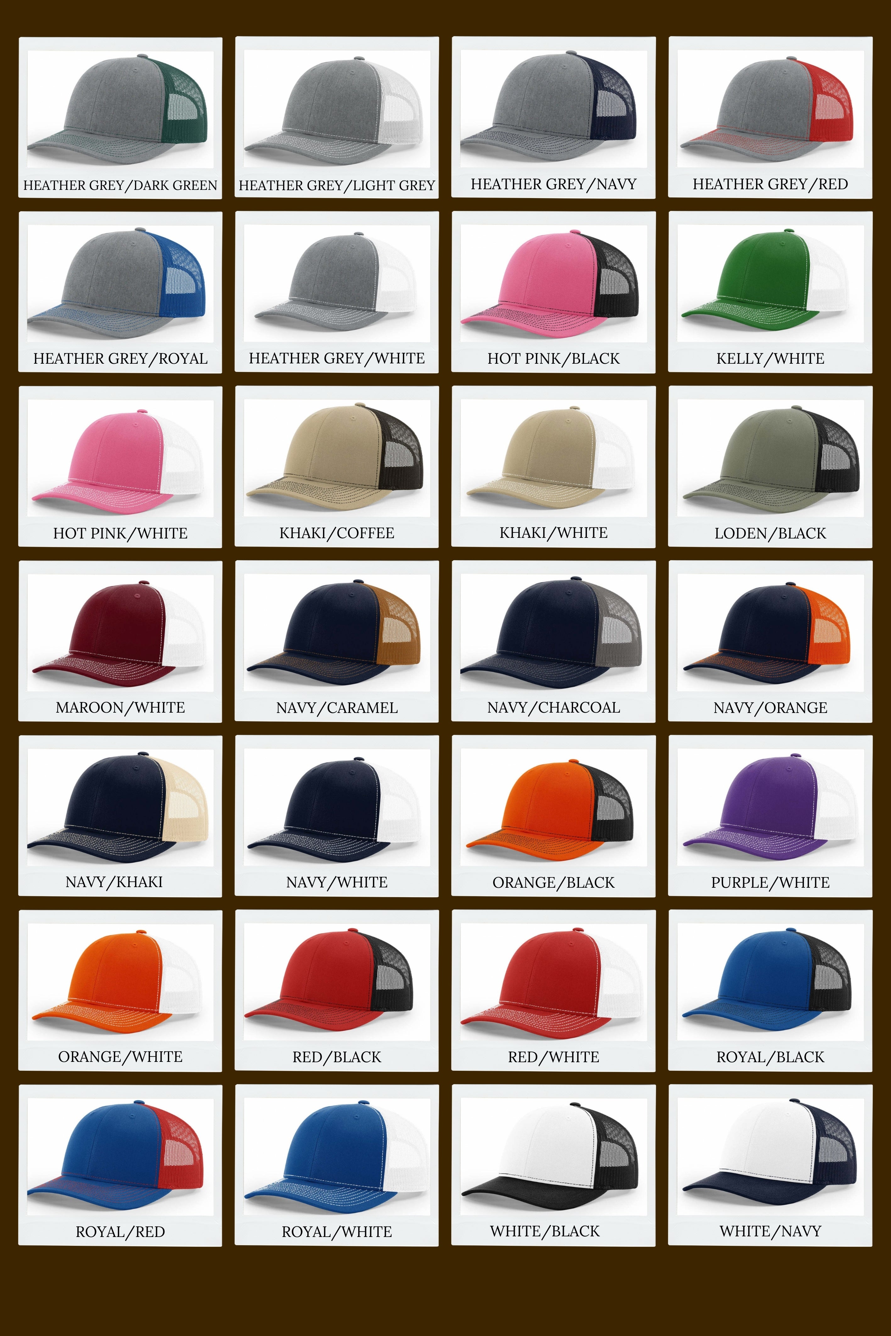 Grid of various colored caps with different color combinations on a brown background