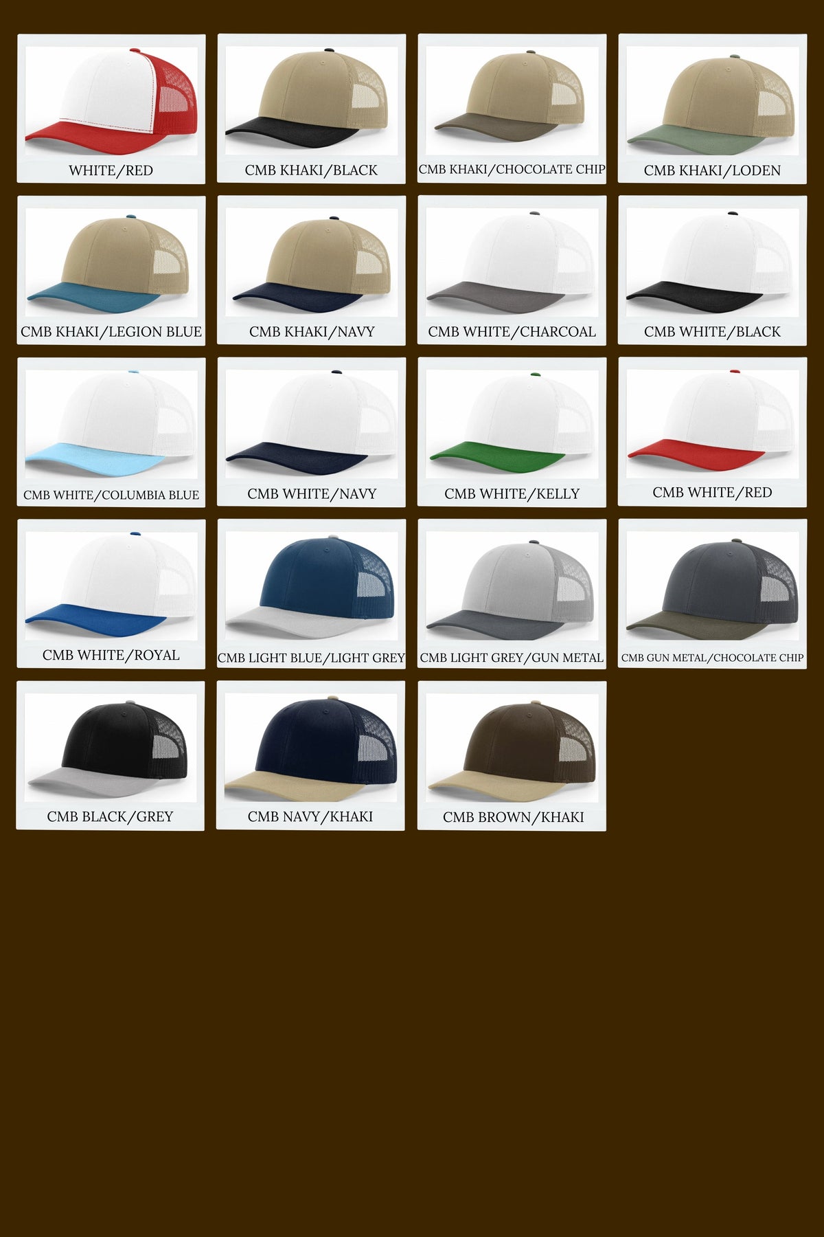 Grid of various trucker hats with different color combinations on a brown background.