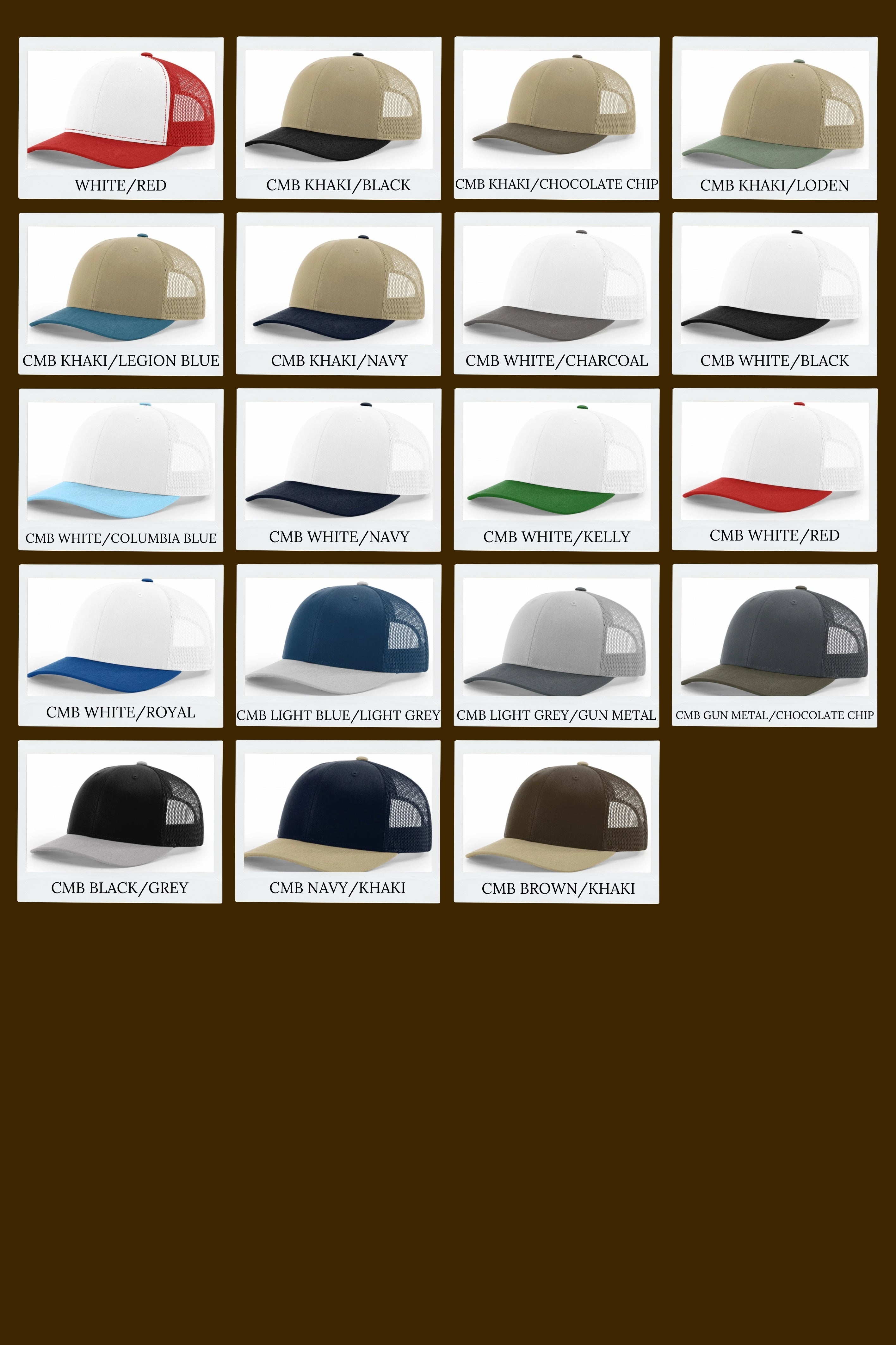 Grid of various trucker hats with different color combinations on a brown background.