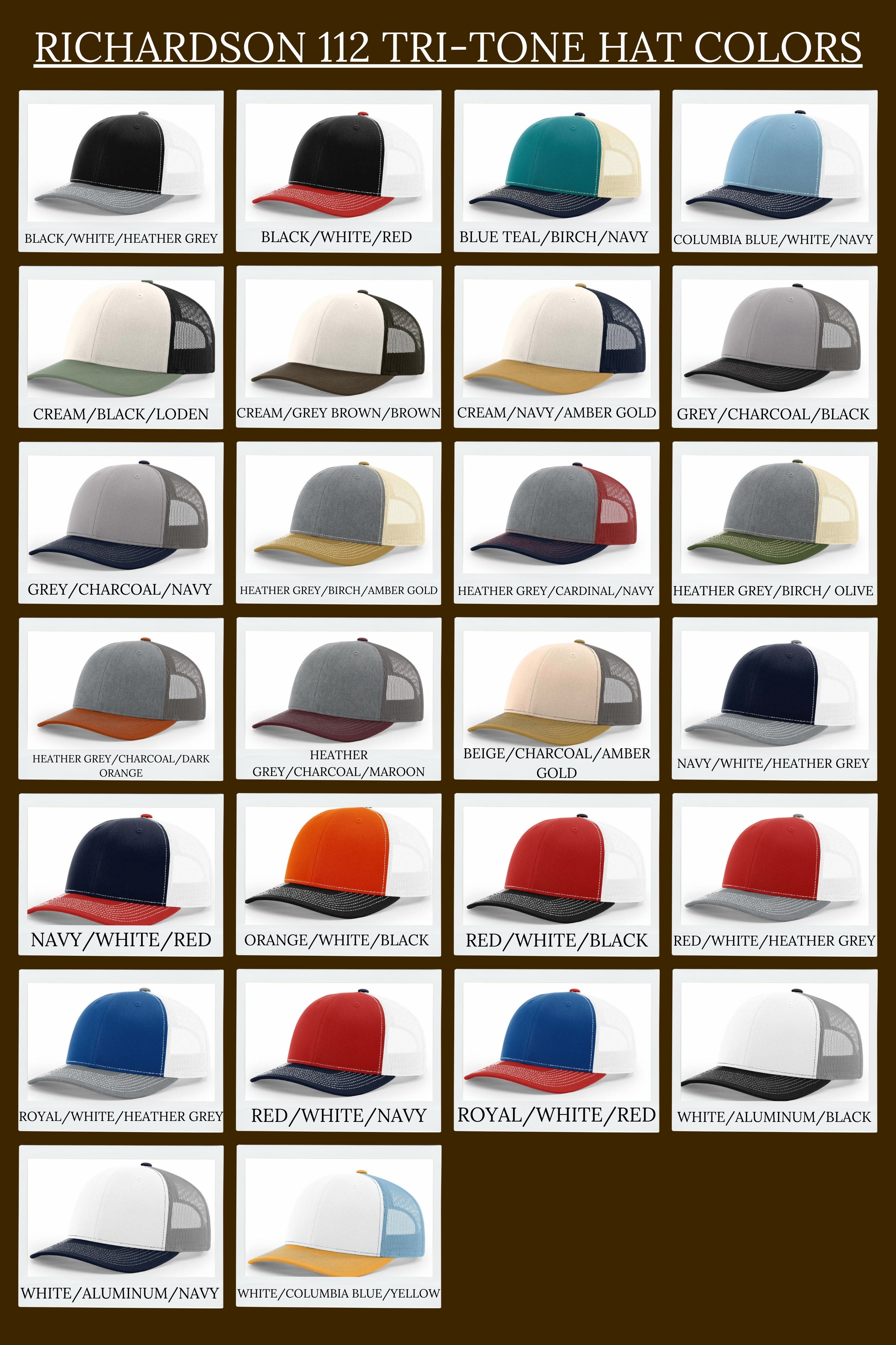 Grid of Richardson 112 Tri-Tone Hat Colors with various color combinations.
