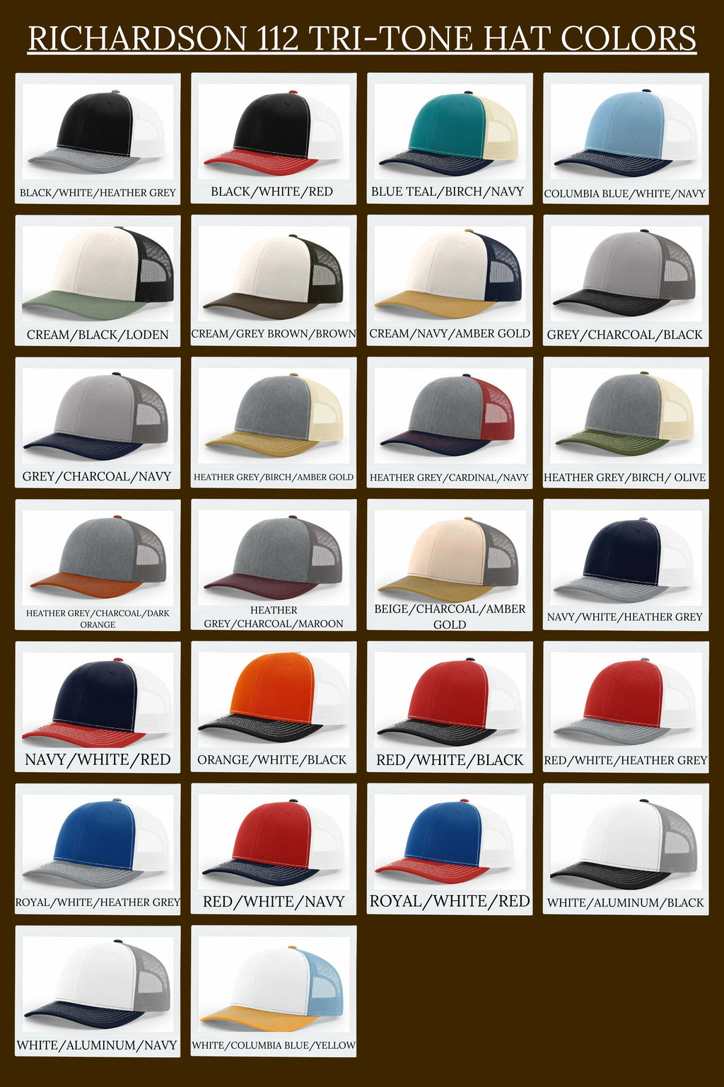Grid of Richardson 112 Tri-Tone Hat Colors with various color combinations.