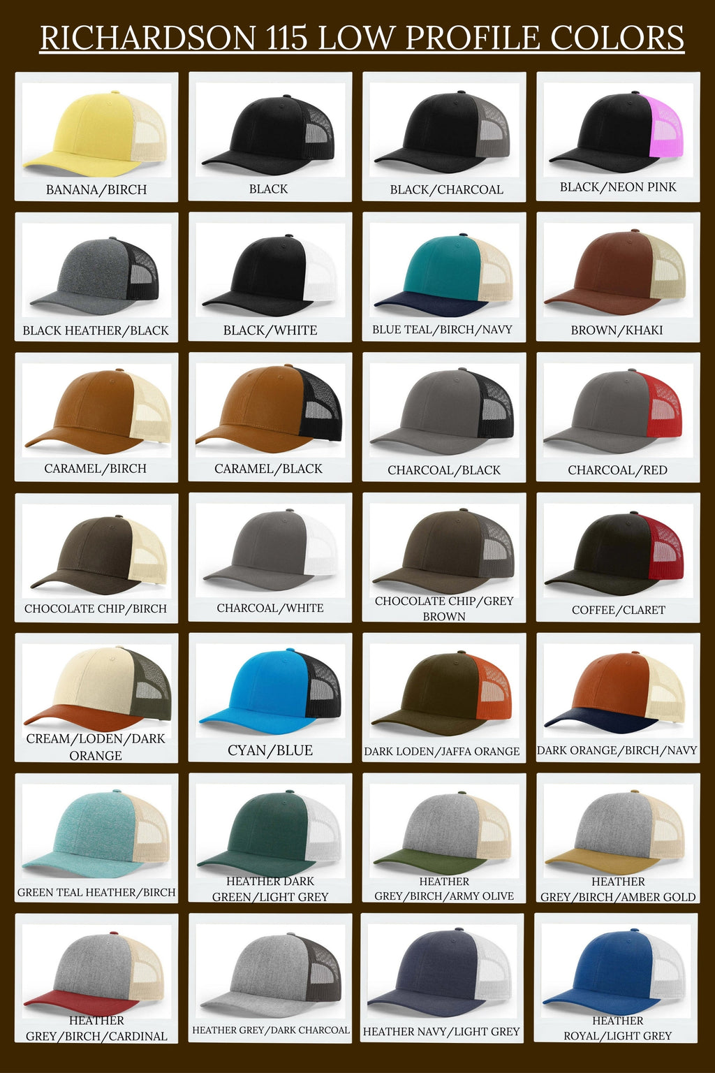 Grid of various colored caps with different color combinations on a brown background