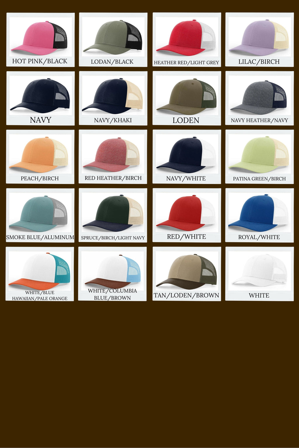 Grid of various colored caps with labels on a brown background