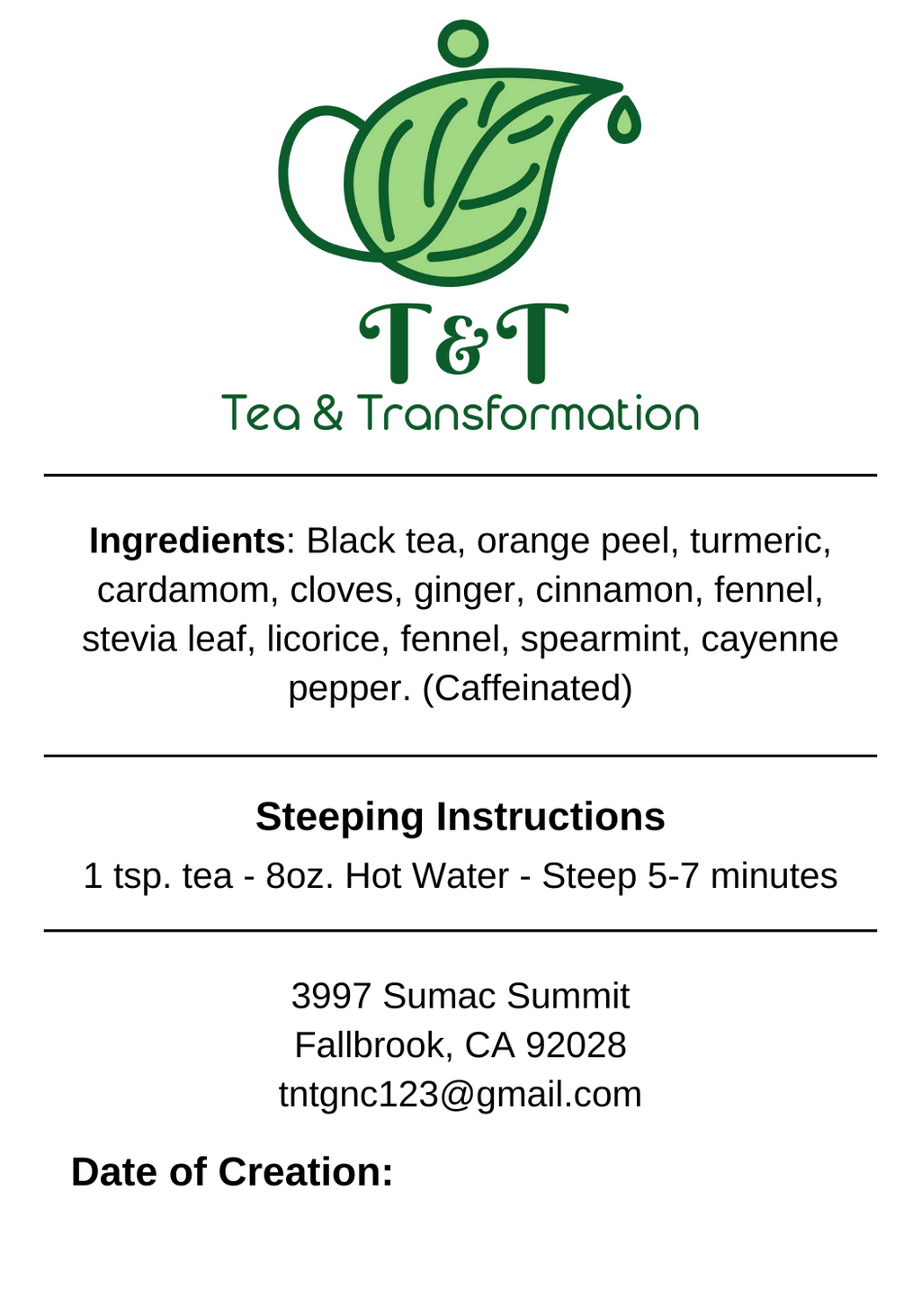 TNTea Black Tea Back Label with Logo & Information