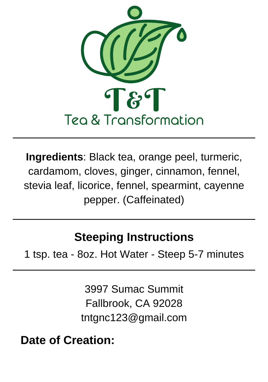TNTea Black Tea Back Label with Logo & Information