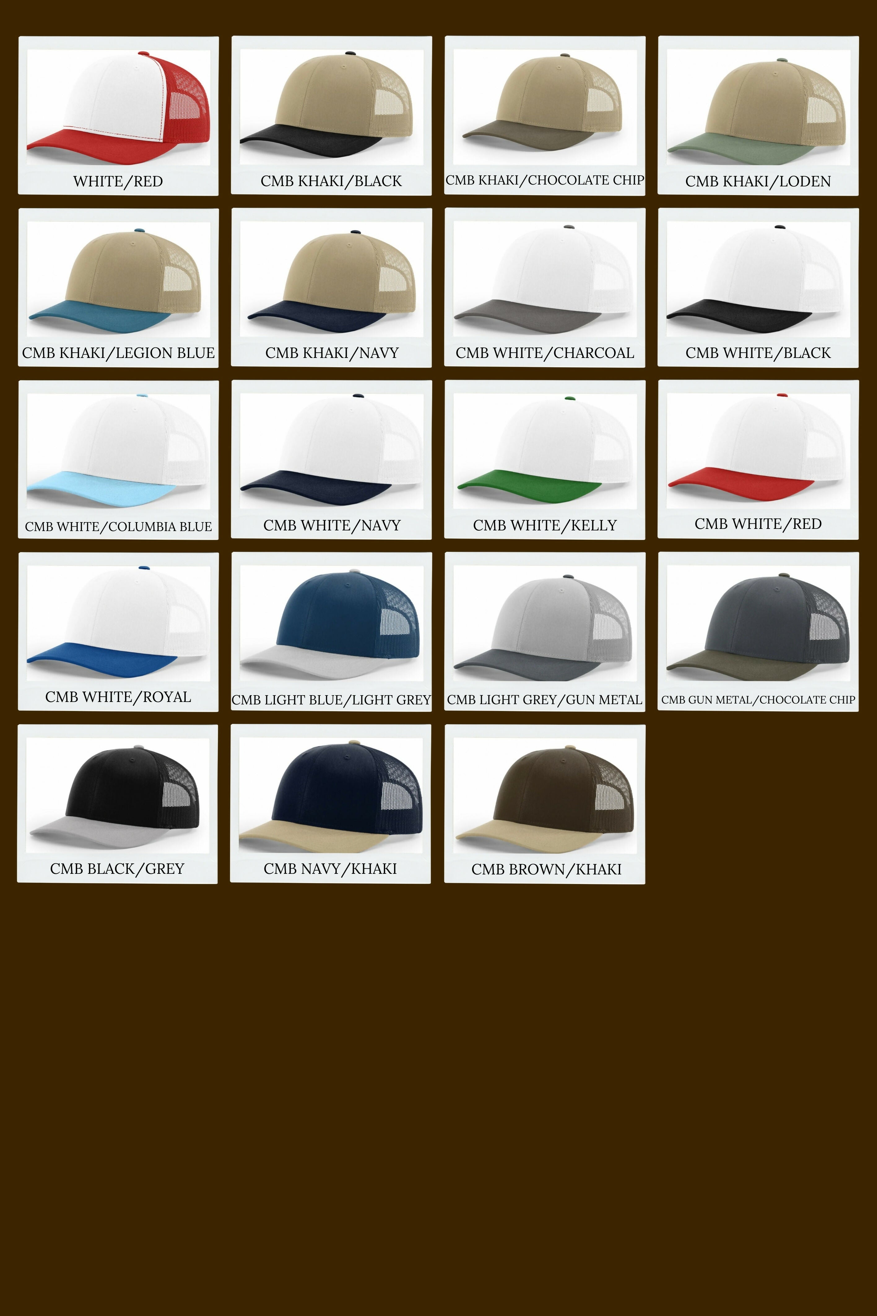 Grid of Richardson 112 hats in various colors on a brown background