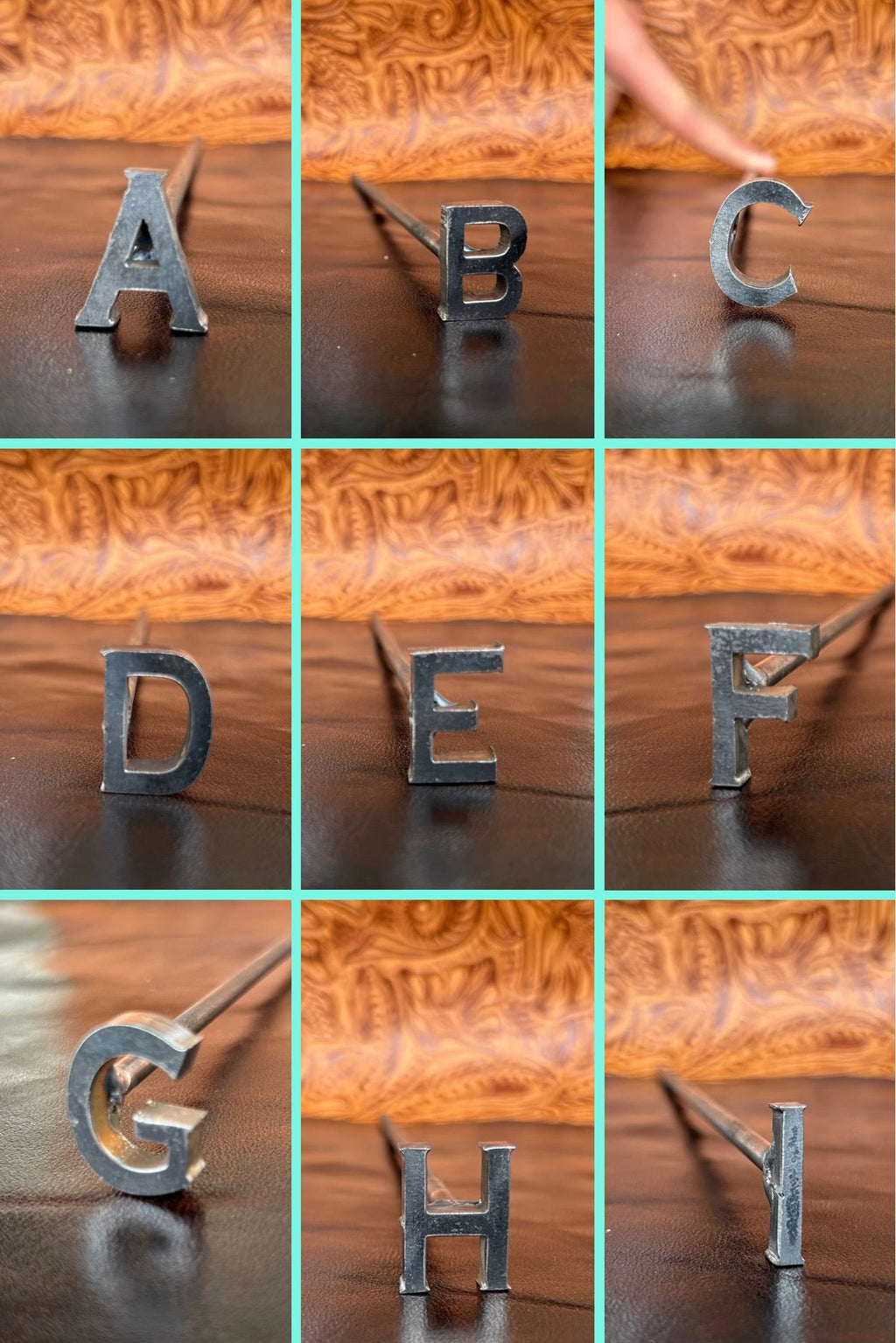 Silver letter hairpins arranged in a grid on a wooden background