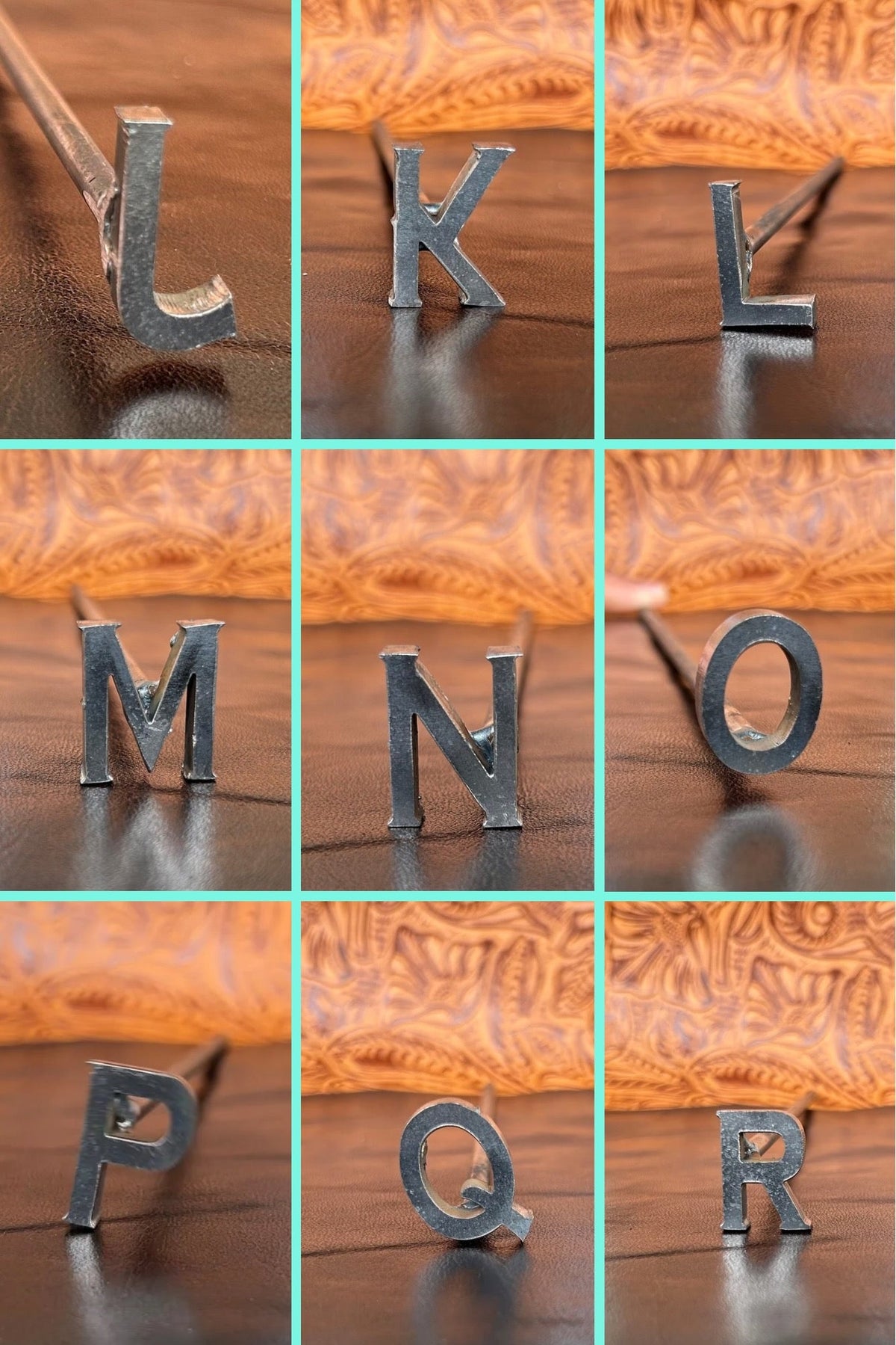 Alphabet letters L to R arranged in a grid on a wooden surface.