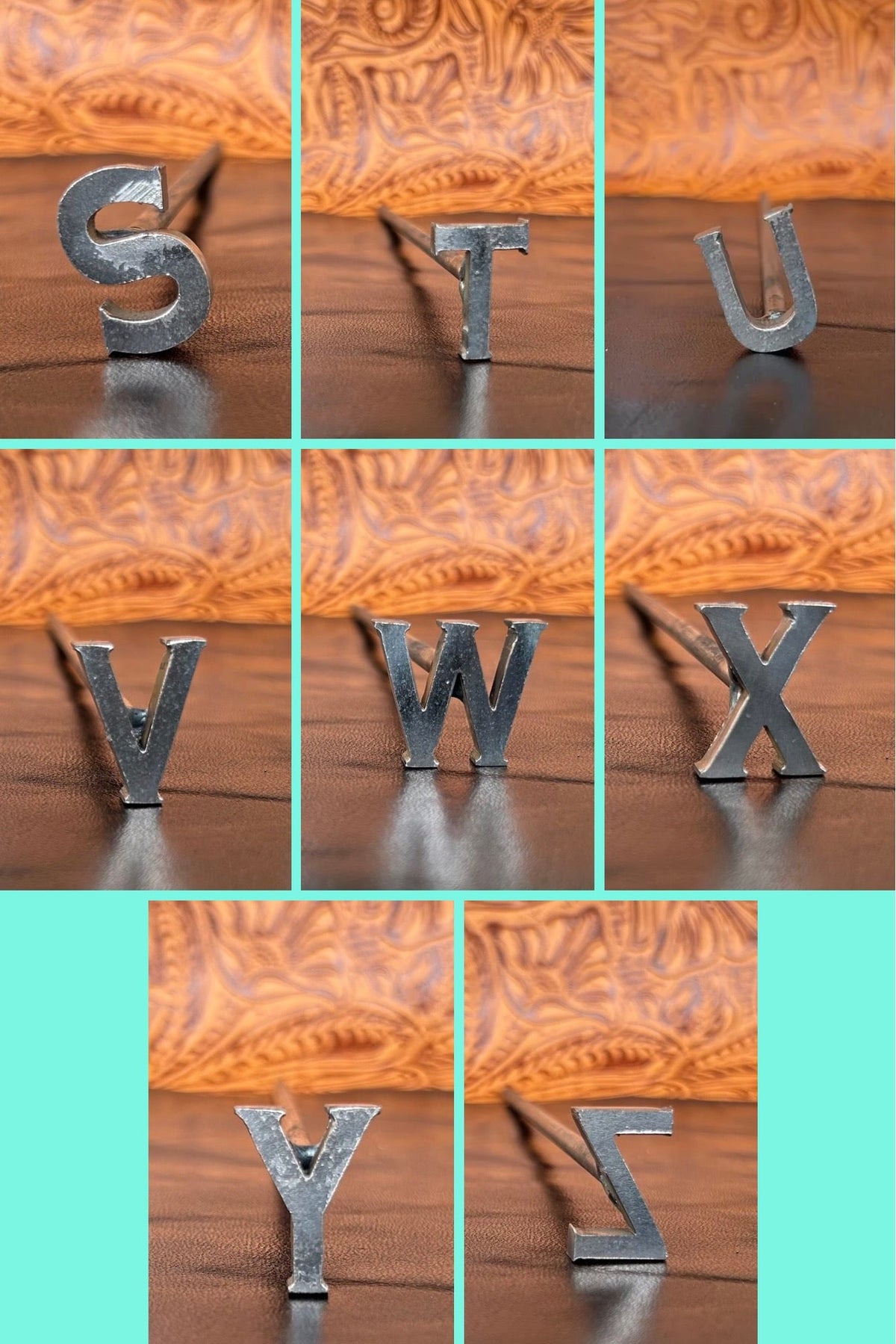 Metallic letters S to Z on a textured wooden background