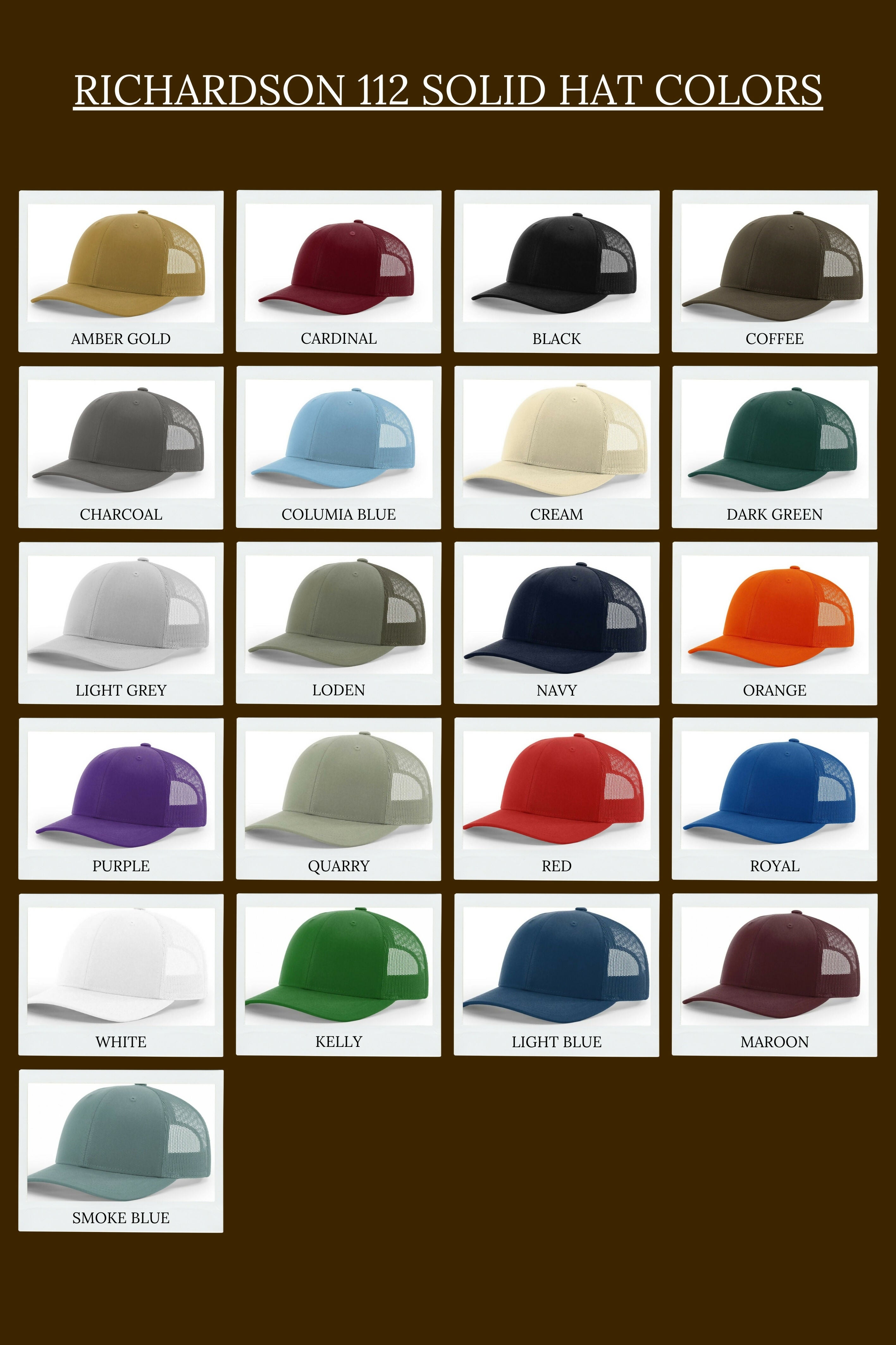 Grid of Richardson 112 hats in various colors on a brown background