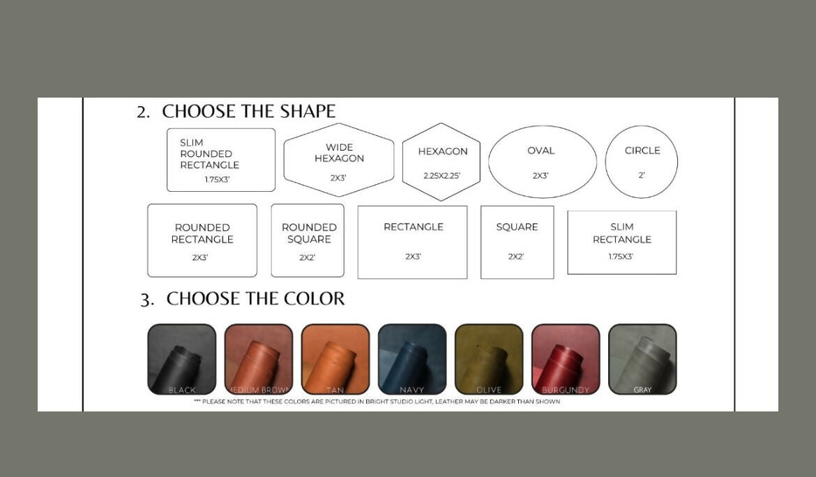 table of patch shapes, colors and sizes on a grey background