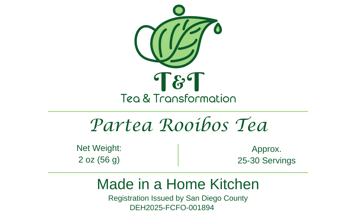 Partea Roobios Tea front label on white backgroung with logo