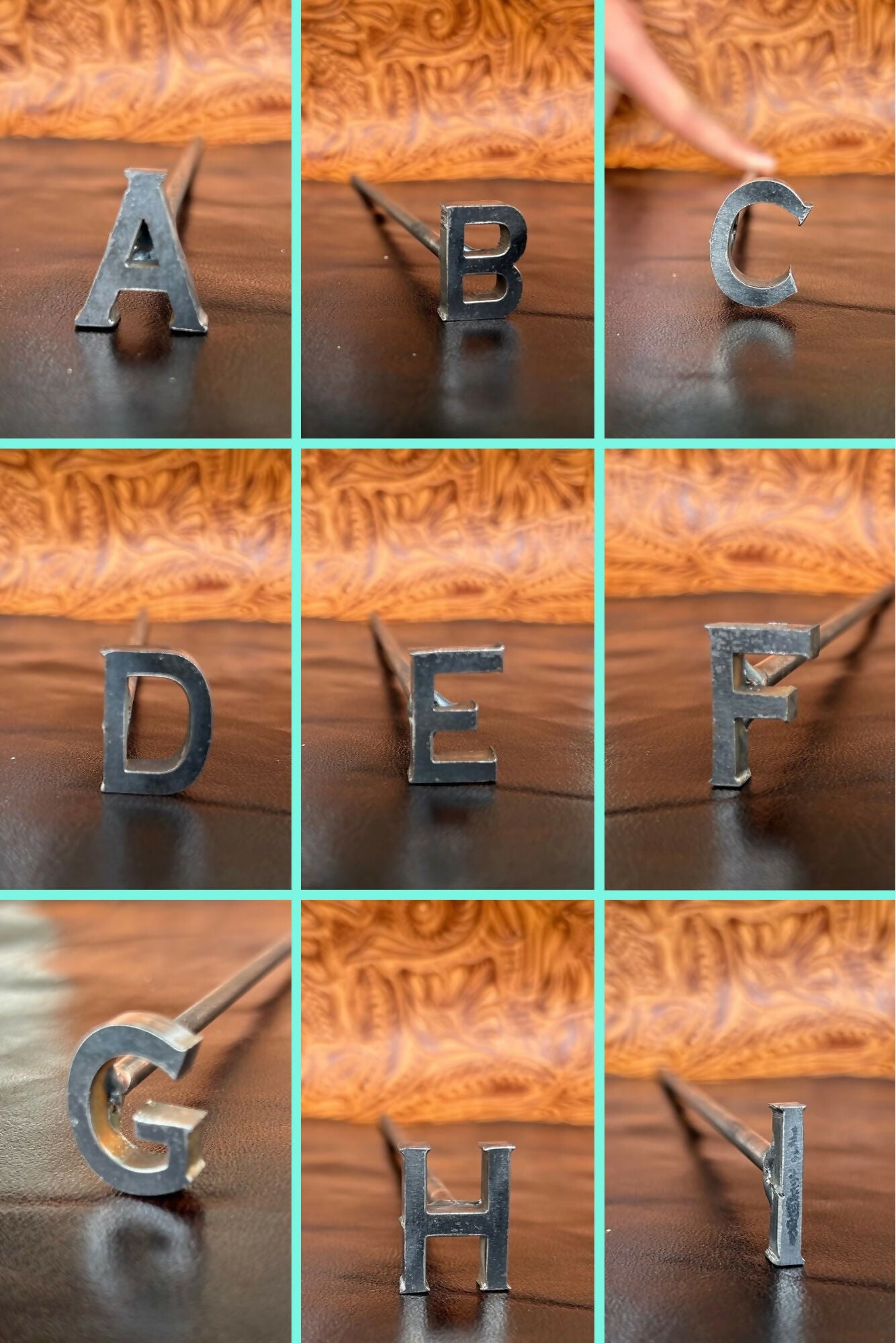 Grid of various letter irons on a teal background.