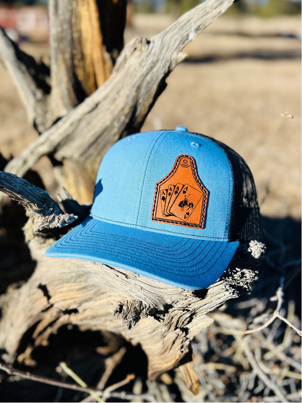 Aces Bronc Leather Engraved Cowtag Hat - Blue/Black