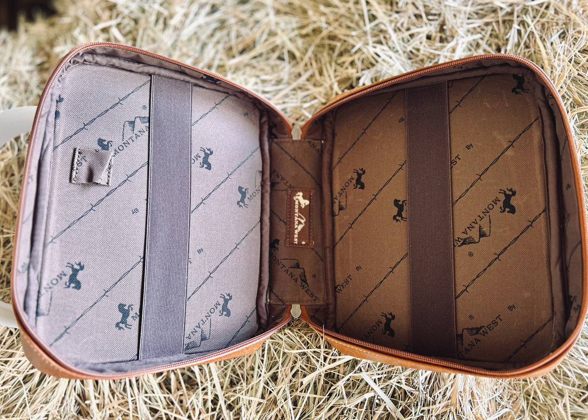 Open leather case with interior patterns on a straw background