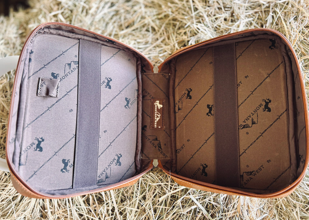 Open leather case with interior patterns on a straw background