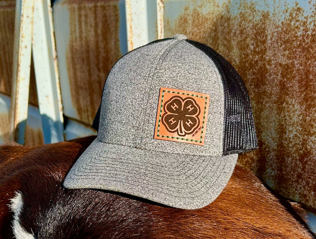 Gray and black cap with a leather patch on a horse's head, against a rusty metal background