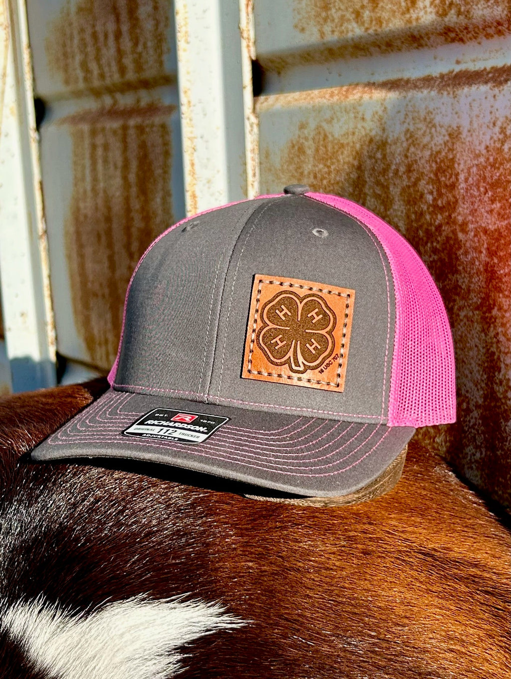 Gray and pink cap with a leather patch on a cow's back