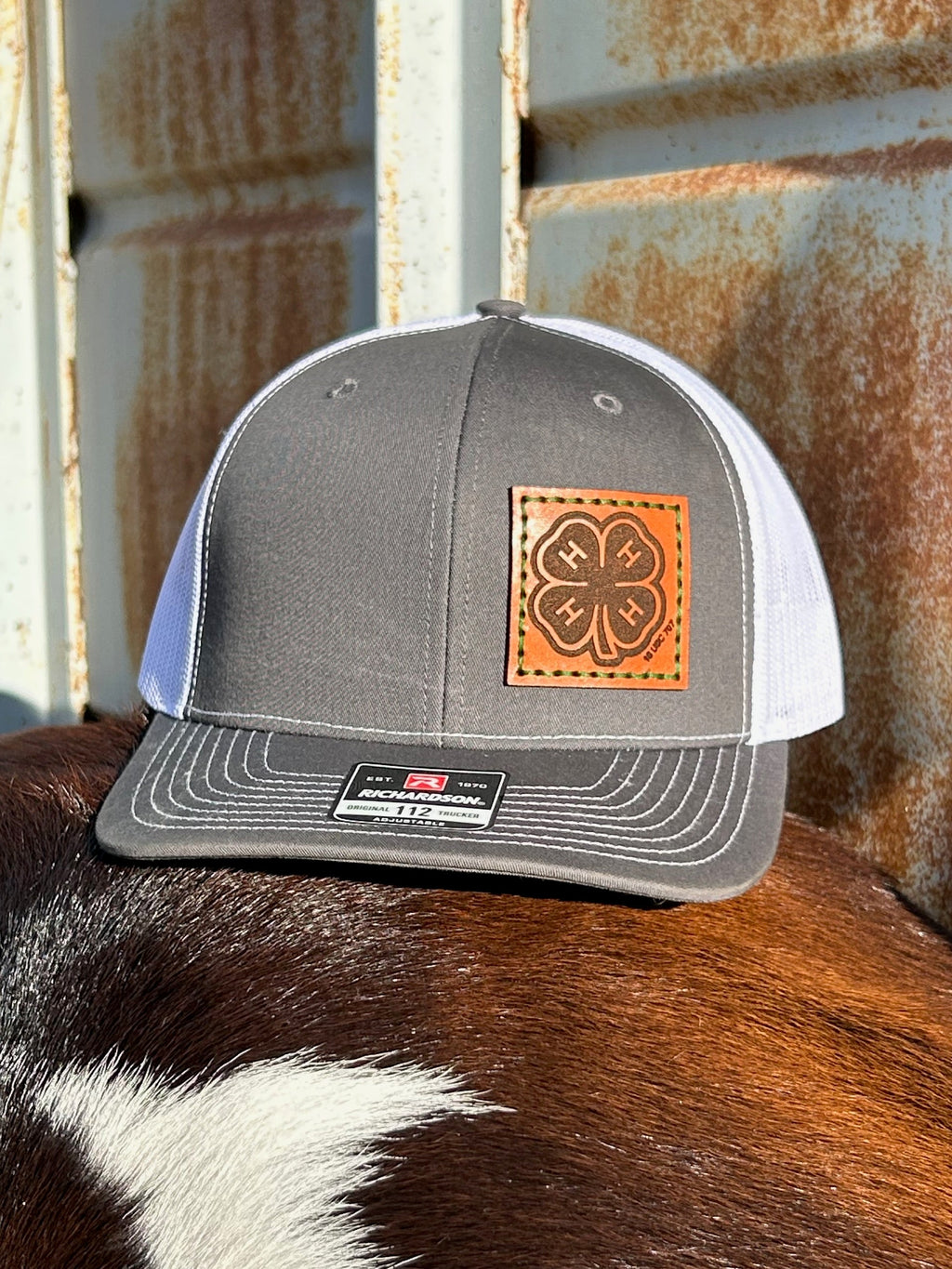 Gray and white cap with leather patch on a cow's back