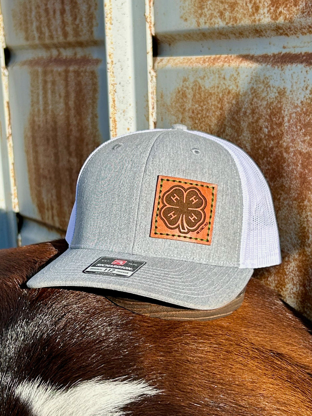 Gray cap with leather patch on a horse against a rustic background