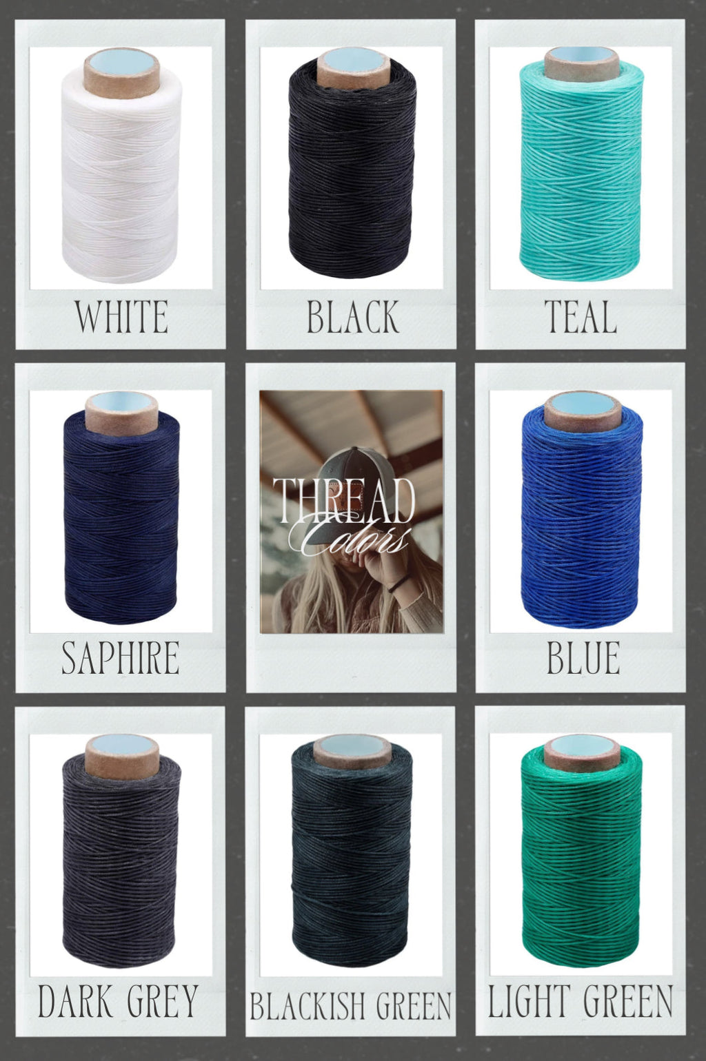 Collection of spools of thread in various colors with 'Thread Colors' branding.