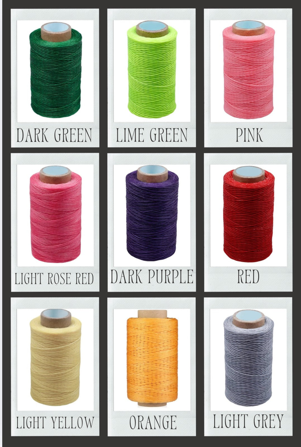Collection of colorful thread spools with labels on a white background