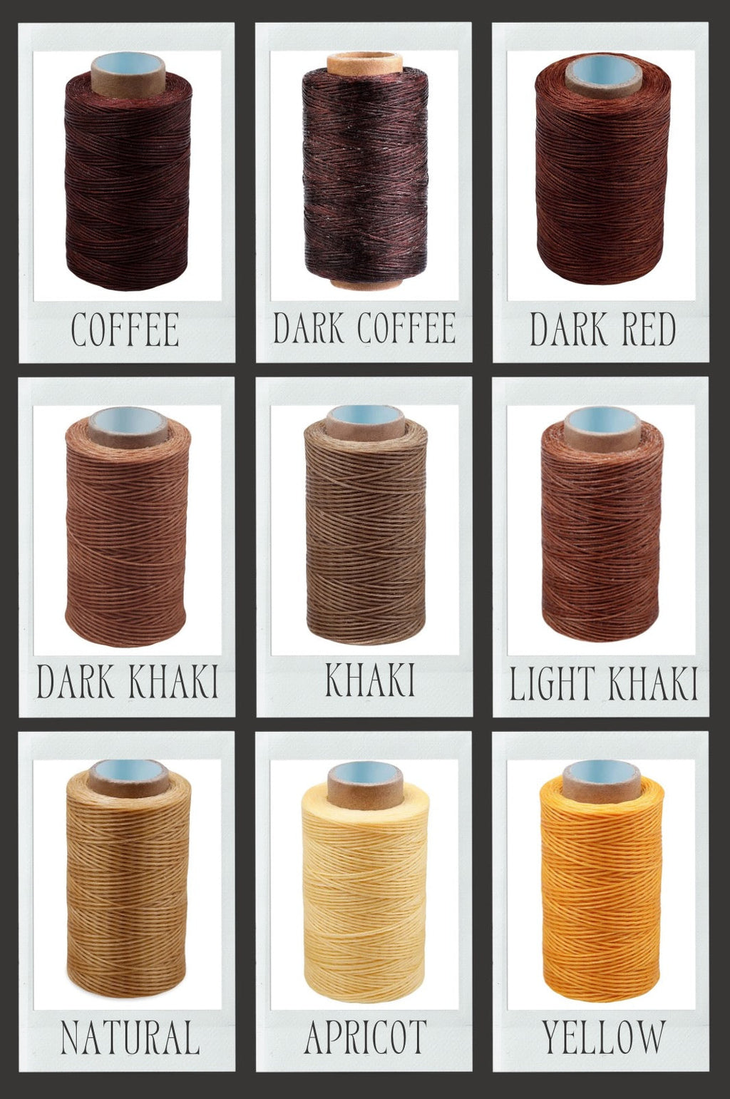 Set of thread spools in various colors with labels on a white background