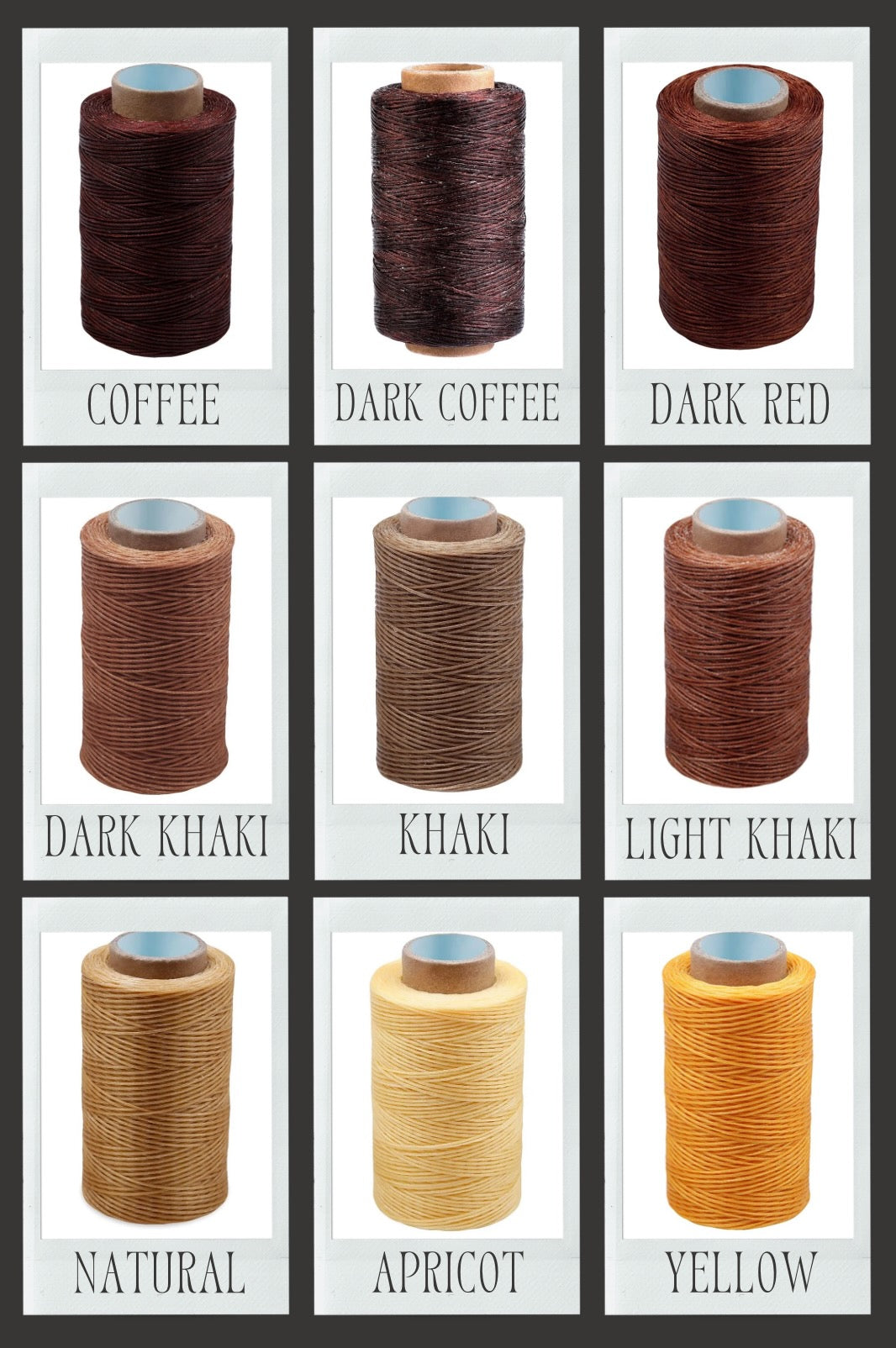 Set of thread spools in various colors with labels on a white background