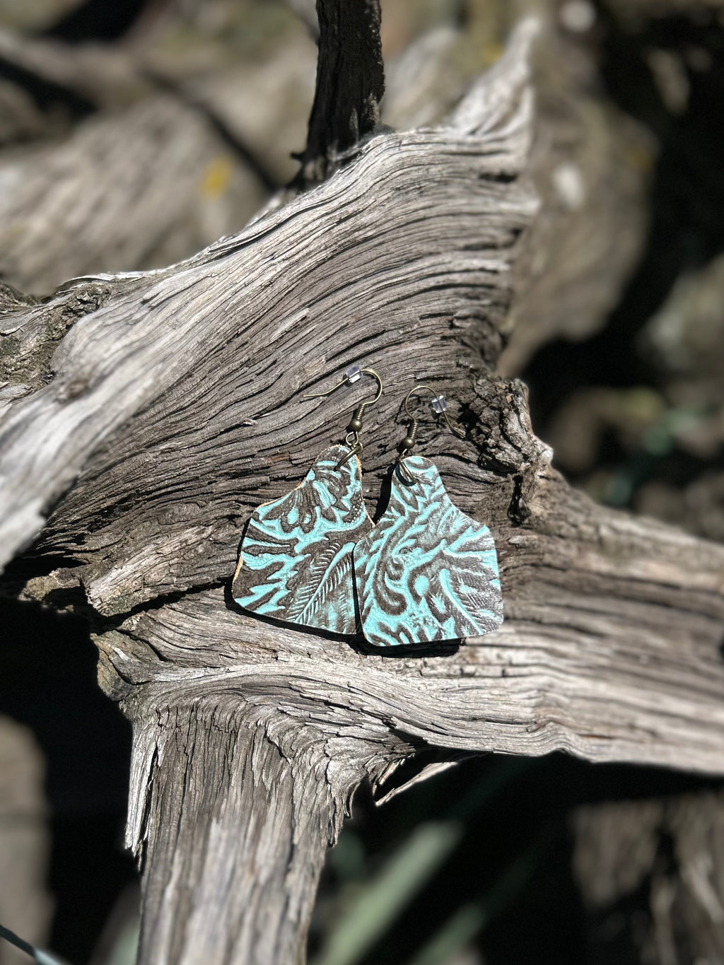 Tooled Leather Cowtag Earrings - Teal