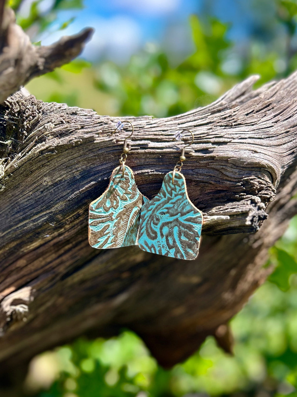 Tooled Leather Cowtag Earrings - Teal