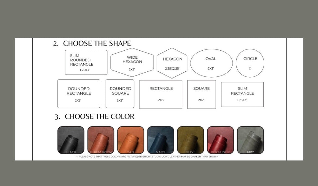 Color swatch chart with shape options and color choices on a gray background