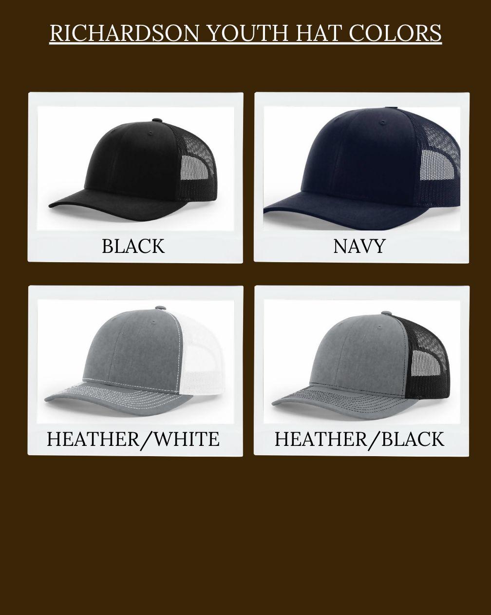 Richardson 112 hats in various colors on a brown background