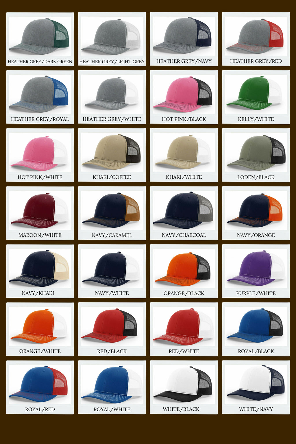Grid of Richardson 112 hats in various colors on a brown background