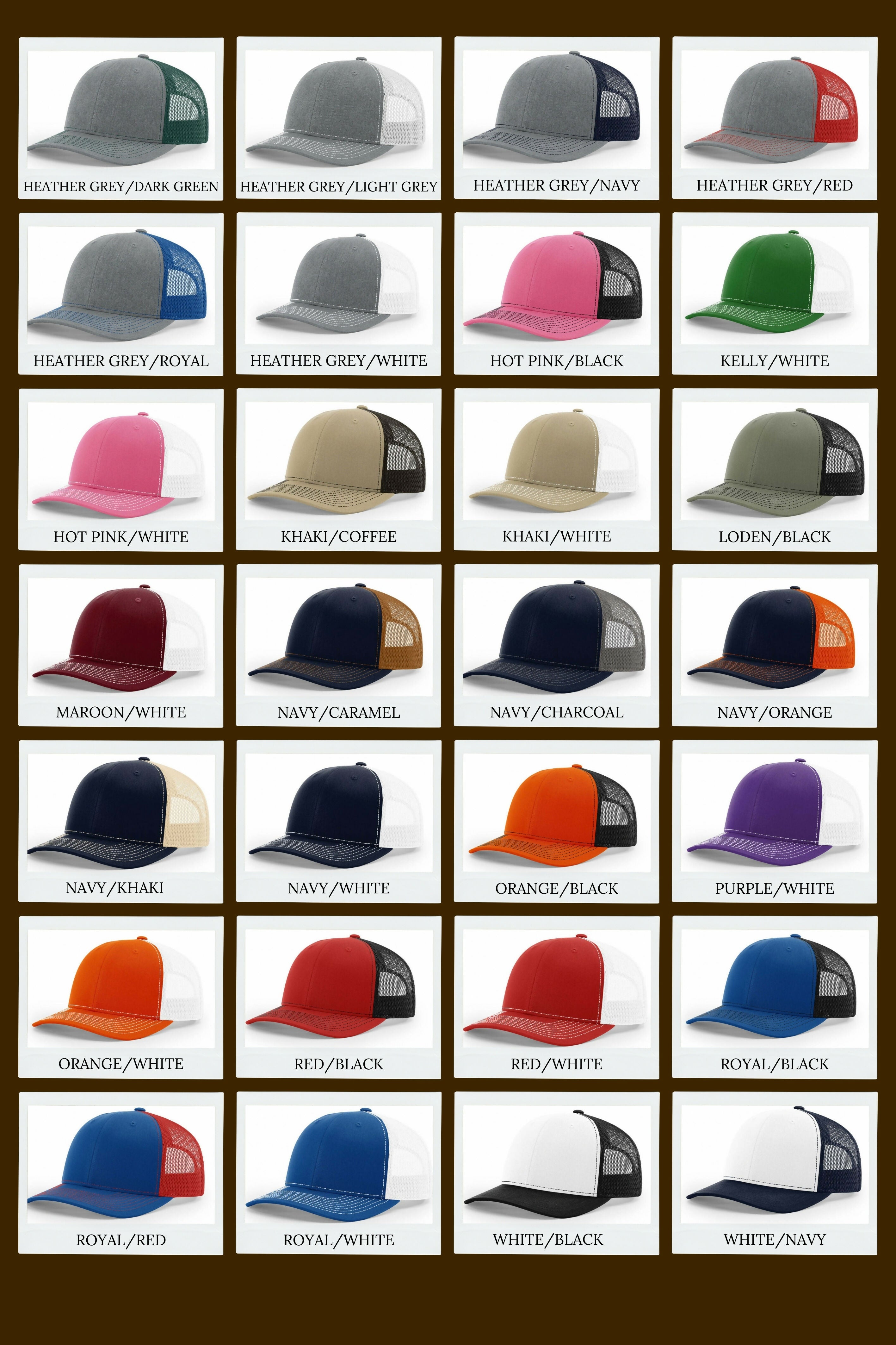 Grid of Richardson 112 hats in various colors on a brown background