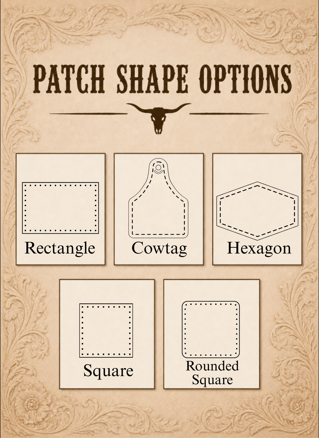 A decorative informational graphic titled 'PATCH SHAPE OPTIONS' on a tan parchment-style background with ornate corner flourishes. It shows five labeled patch shape options: Rectangle, Cowtag, Hexagon, Square, and Rounded Square, each illustrated with a simple outline drawing.