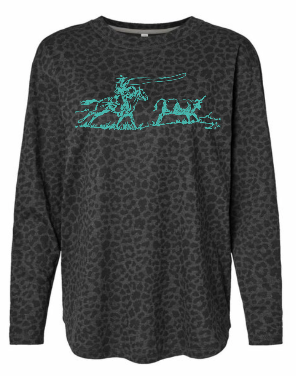 Black long-sleeve shirt with teal graphic design on a white background