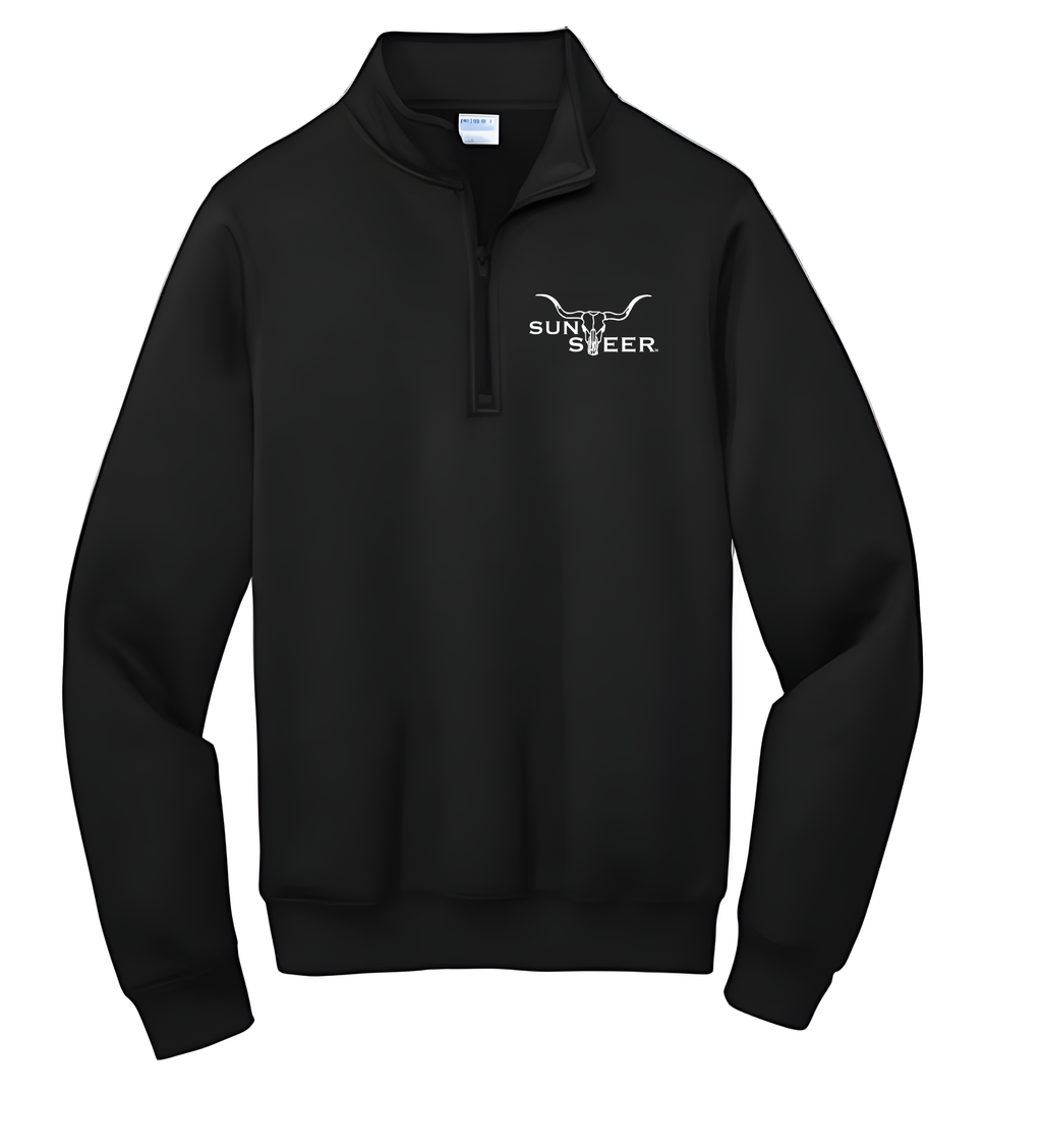 Black sweatshirt with a logo on the chest against a white background