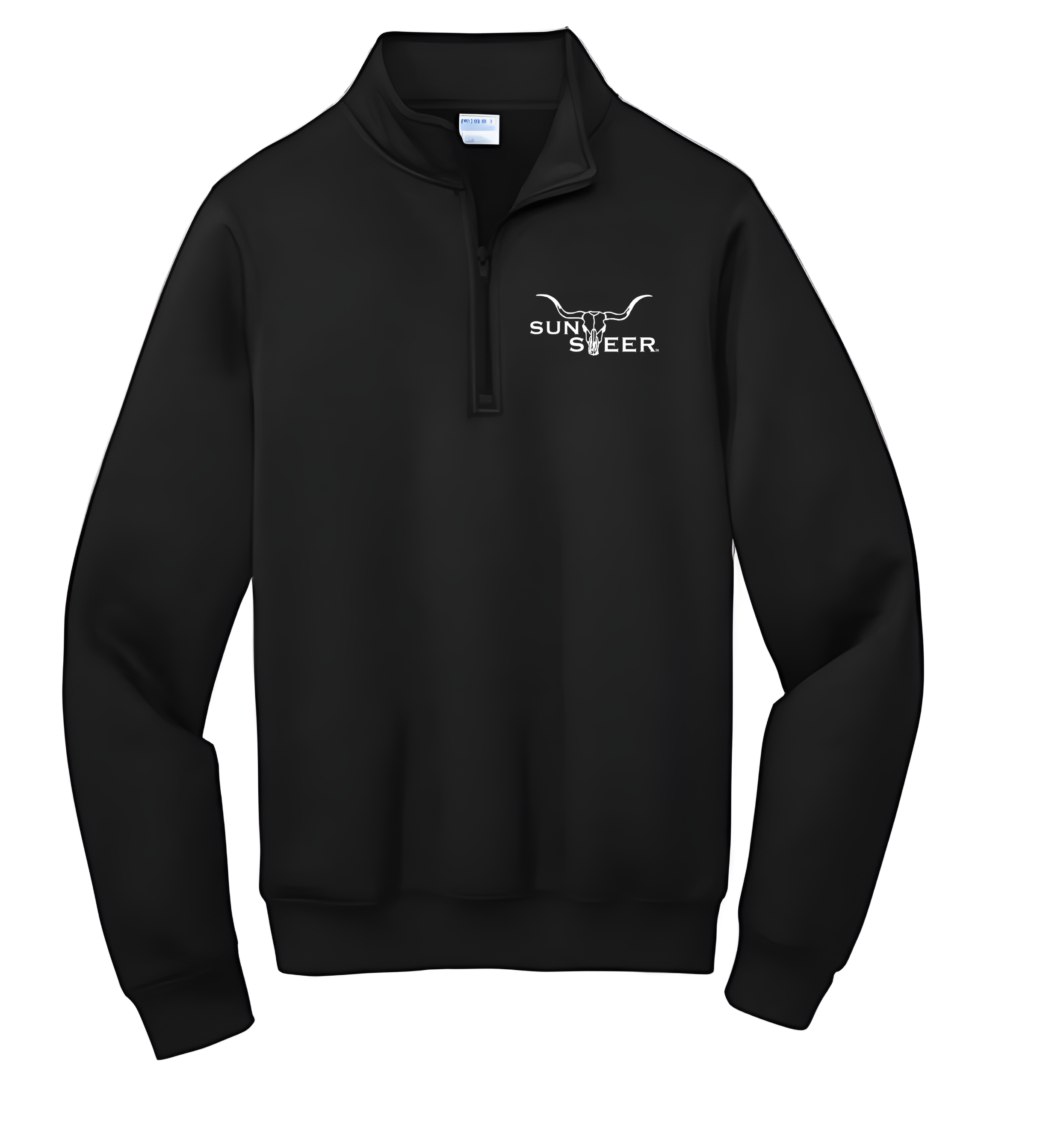 Black sweatshirt with a logo on the chest against a white background