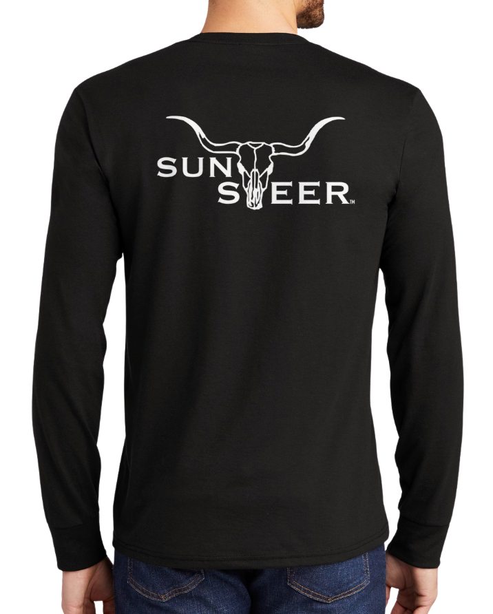 Black long-sleeve shirt with 'Sun Skee' logo on the back, worn by a person.
