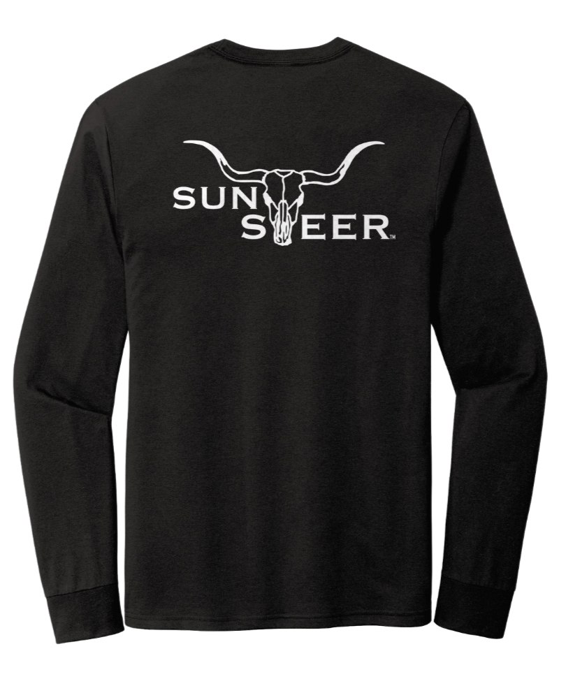 Black long-sleeve shirt with 'Sunrise Deer' logo on the back against a white background