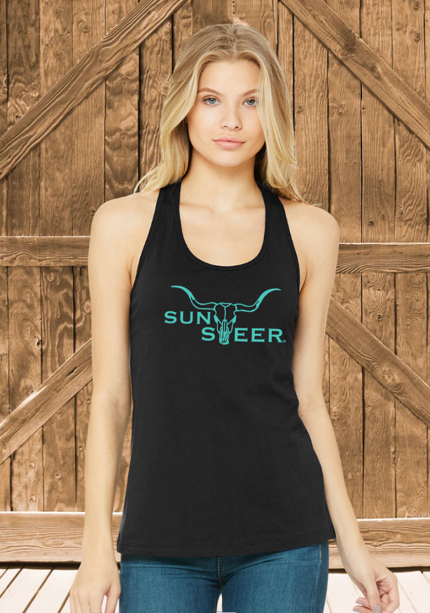 Woman wearing a black tank top with 'Sun Steer' logo against a wooden background
