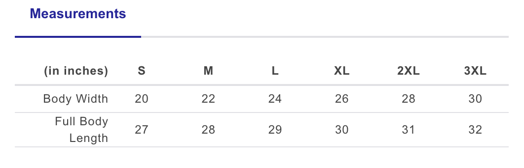 Measurement chart for clothing sizes S to 3XL in inches
