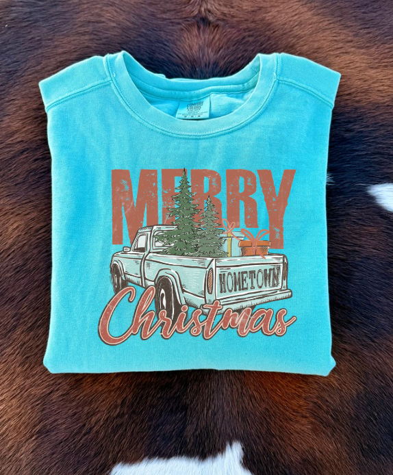 Merry Christmas Old Truck Crewneck Sweatshirt - Seafoam