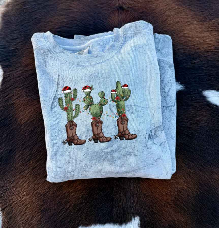 Christmas Cactus Boots Crewneck Sweatshirt - Smoke Grey