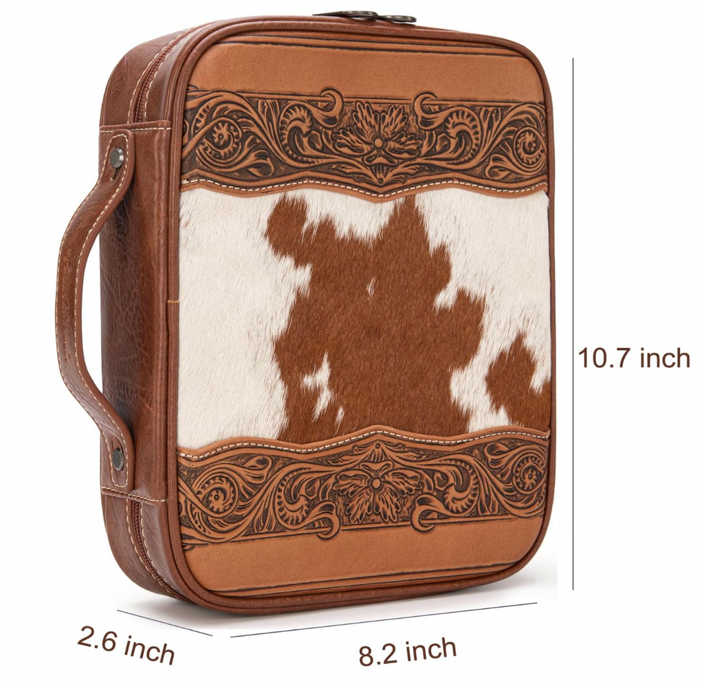 Brown leather and cowhide patterned case with decorative embossing, showing dimensions on a white background.